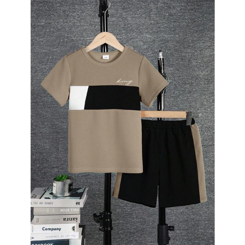 Summer Fashion Trend Youth Casual Wear, Crewneck Short-sleeved T-shirt & Sports Shorts Three-color Patchwork Two-piece Set