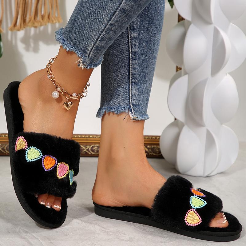 Fashion Heart Embroidery Cotton Slippers Women Black Slip On Light House Cotton Slippers Woman Soft Faux Fur Flat Heel Fur Slides Female
