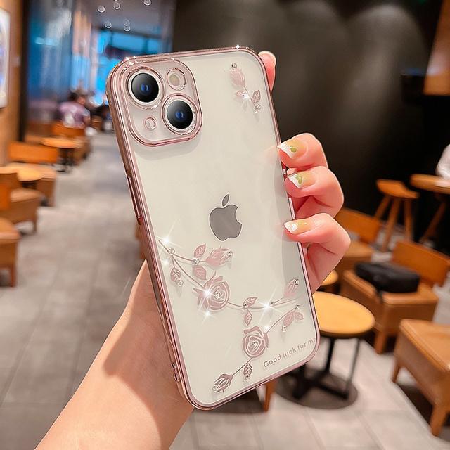 

Роскошный прозрачный чехол для телефона с инкрустацией розой и бриллиантами для iPhone15 14 13 12 11 Pro Max, защита камеры, противоударный мягкий силиконовый чехол For iPhone 11Pro Max розовый