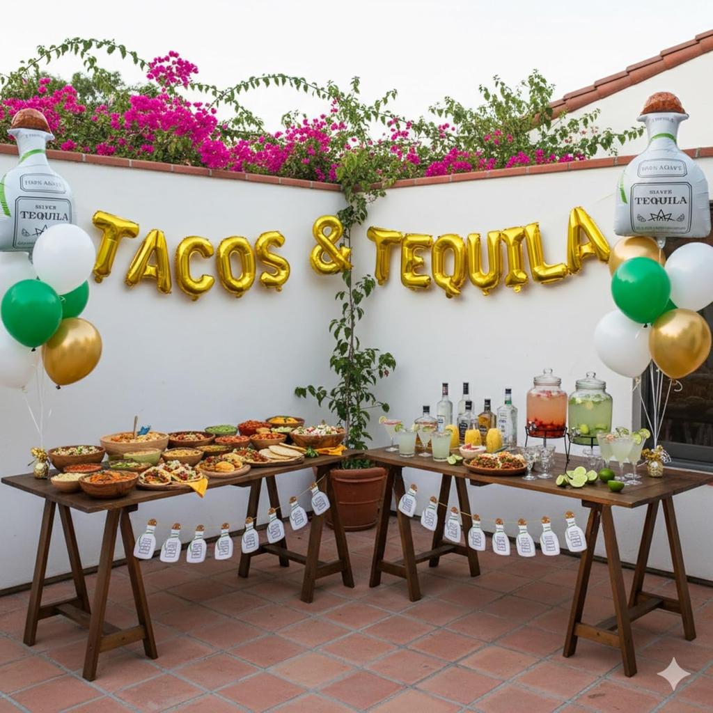 Tequila Bottle Banner (16pc, 12ft Gold String) 21st Birthday Decorations, Moo Moos and Margaritas Margs and Matrimony Garland Bachelorette Party