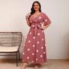 Fashion Polka Dot Print V Neck Tie Waist Pleated Long Dress For Women