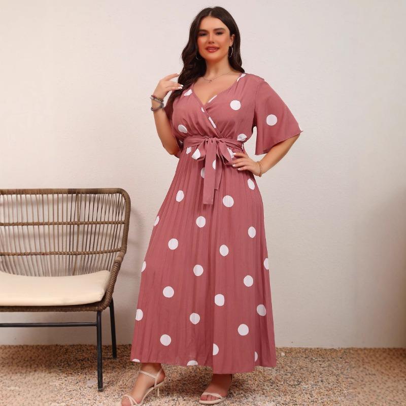 Fashion Polka Dot Print V Neck Tie Waist Pleated Long Dress For Women