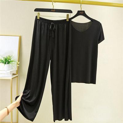 Pigiama Estivo da Donna con Scollo a V a Maniche Corte + Pantaloni Larghi a Gamba Larga Set Due Pezzi di Tuta Semplice Monocolore Sottile