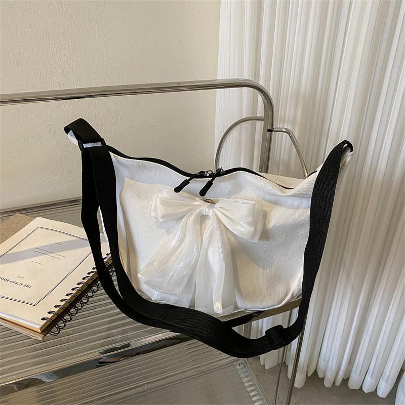 

Элегантная холщовая сумка-тоут с бантом в корейском стиле для женщин, идеально подходящая для летних прогулок белый