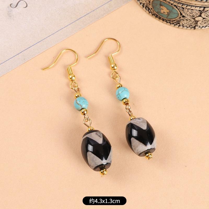 Original design Tibetan nine-eye dzi bead agate earrings retro literary tiger tooth earrings Chinese earrings women