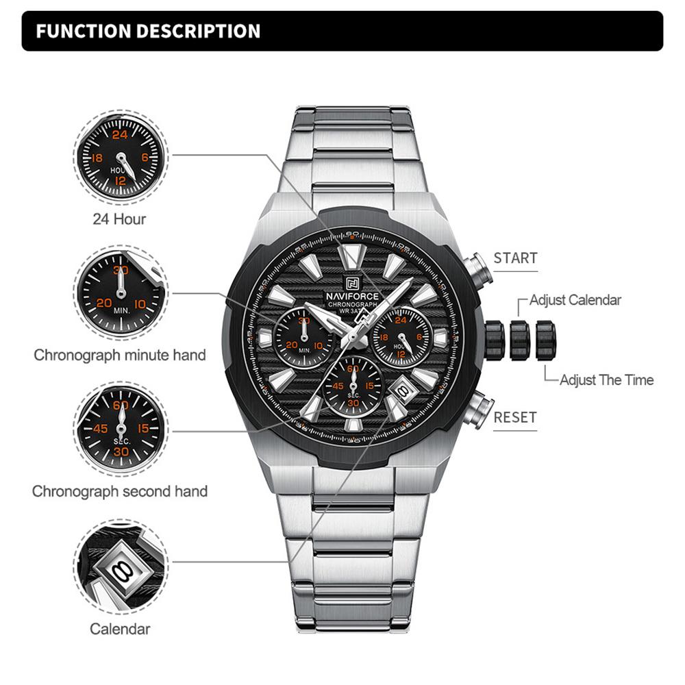 NAVFIROCE Original Men Quartz Watch Stainless Steel Strap Stopwatch Chronograph Date Waterproof Luminous Pointer Men Fashion Watch NF8081