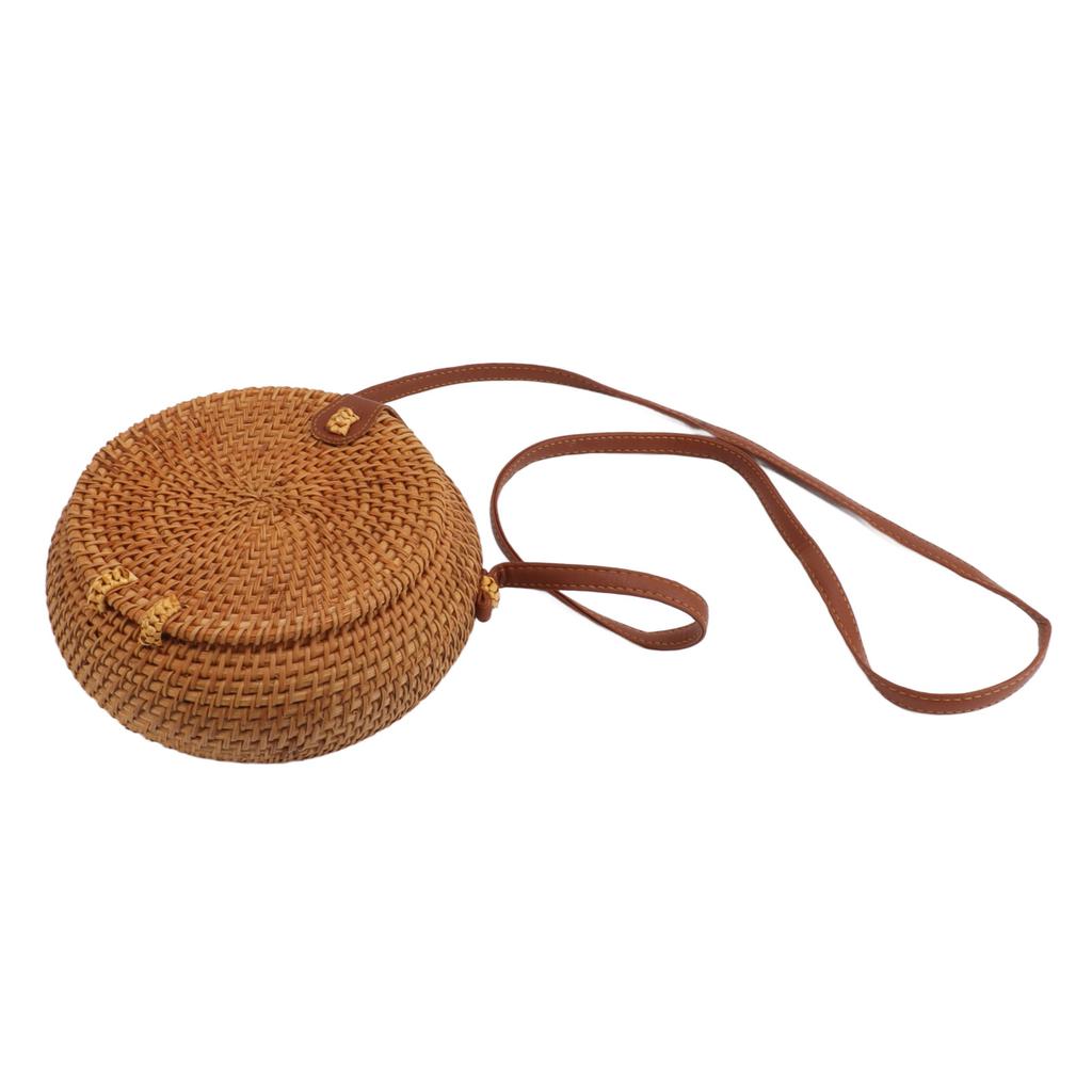 Handwoven Round Rattan Bag Tropical Beach   Woven Shoulder Rattan Bag with Leather Strap 20cm Diameter