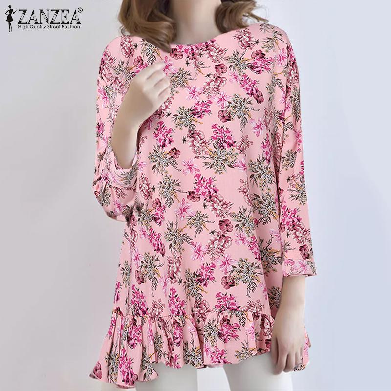 

ZANZEA Женская повседневная блузка с круглым вырезом и длинными рукавами с цветочным принтом