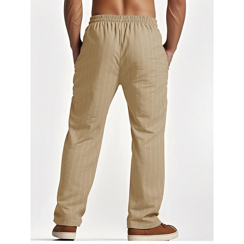 2026 Men's Linen Summer Pants Beach Pants Drawstring Vertical Stripes Straight Casual Breathable Comfortable Long Trousers
