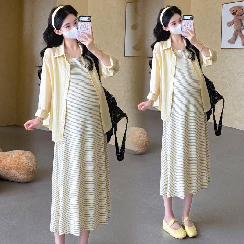 Spring/Summer 2026 Maternity Casual Korean Striped Camisole Dress & Sun Protection Shirt Set Large