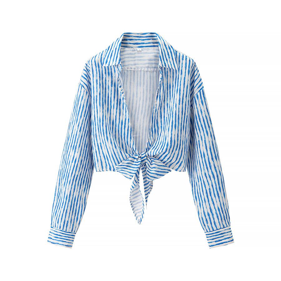 

Summer 2025 Striped Bow Tie Long-Sleeve Women s Shirt S