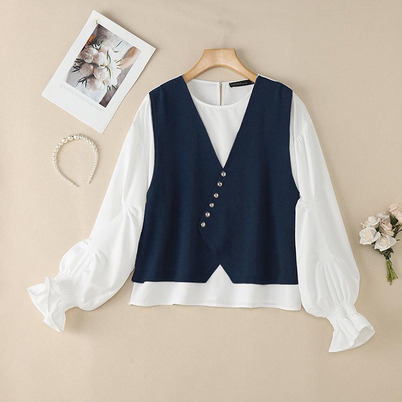 ZANZEA Women Casual Round Neck Long Sleeve Loose Patchwork Blouse