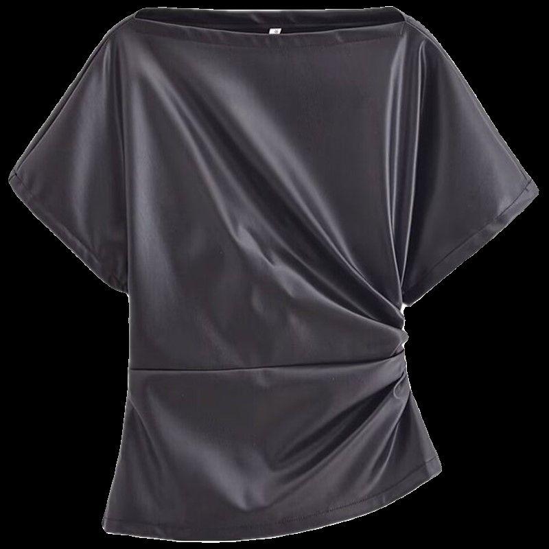 Fashion Style 2024 Spring New Arrival Women's Silm off-Neck Short Sleeve Ruched Decorative Leather Tops 5479322