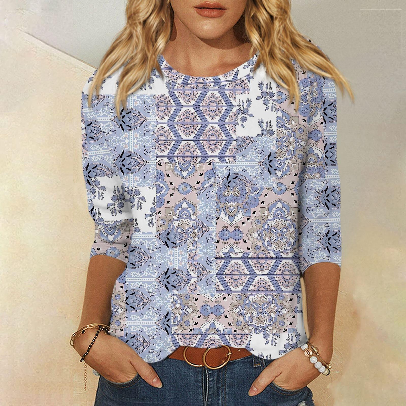 

Рубашки с рукавом 3/4 для женщин, футболки с графическим принтом, блузки, повседневные базовые топы, пуловеры XL небесно-голубой