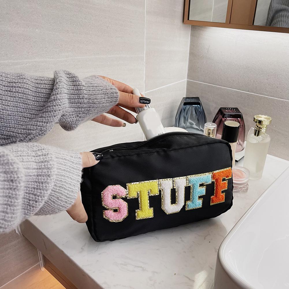 Casual Toiletry Bag Embroidery Letter Patch Travel Organizer Portable Zipper Female Cosmetic Bag Waterproof Nylon for Lady Girls