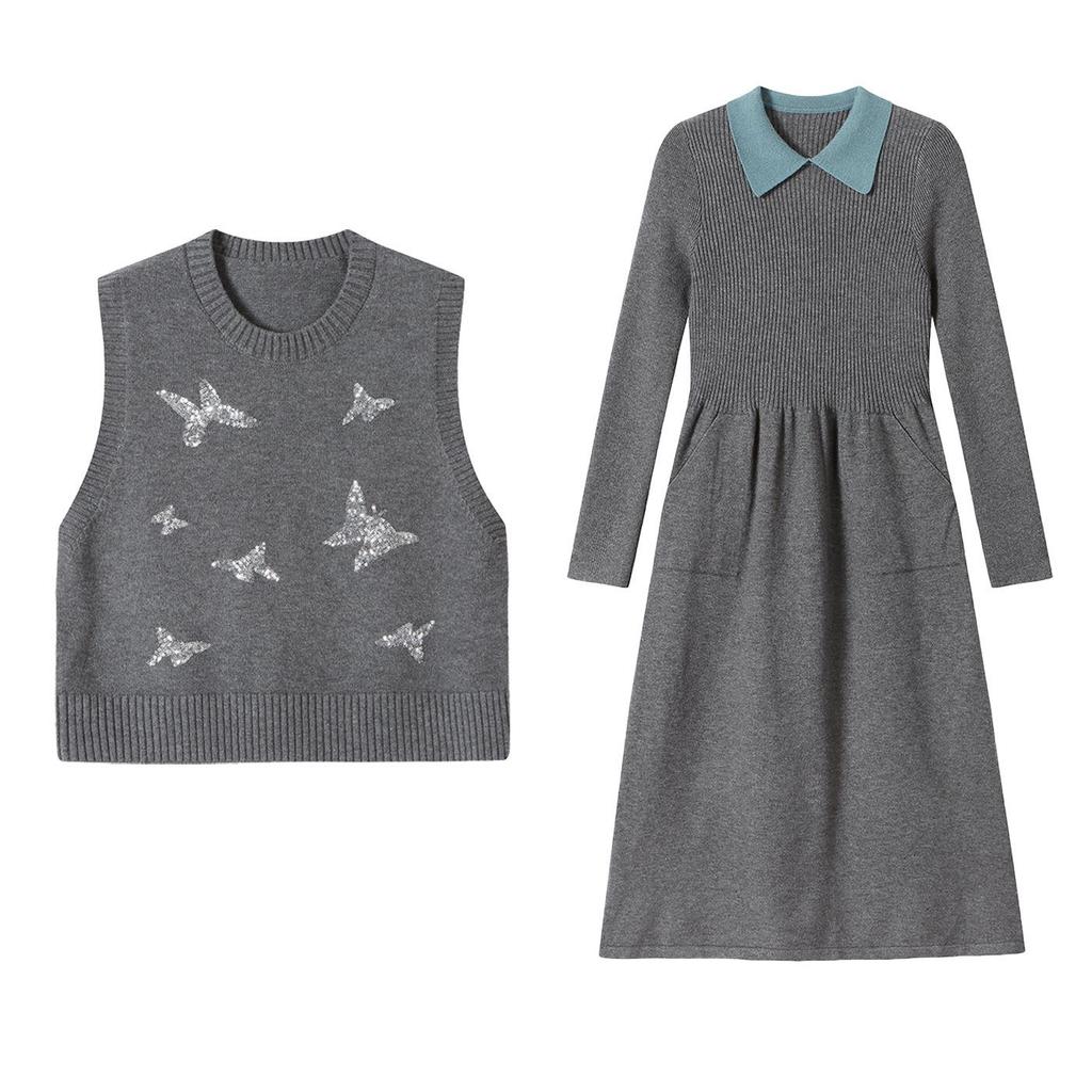 Damski dzianinowy zestaw dwuczęściowy: Kamizelka z okrągłym dekoltem i kardigan o średniej długości z długim rękawem Sukienka wełniana