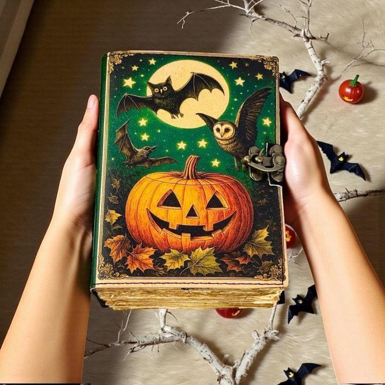 Pumpkin Leather Journal, Vintage -Lantern Spellbook, Witchcraft Grimoire with Bats & Moon, Handmade Deckle Diary
