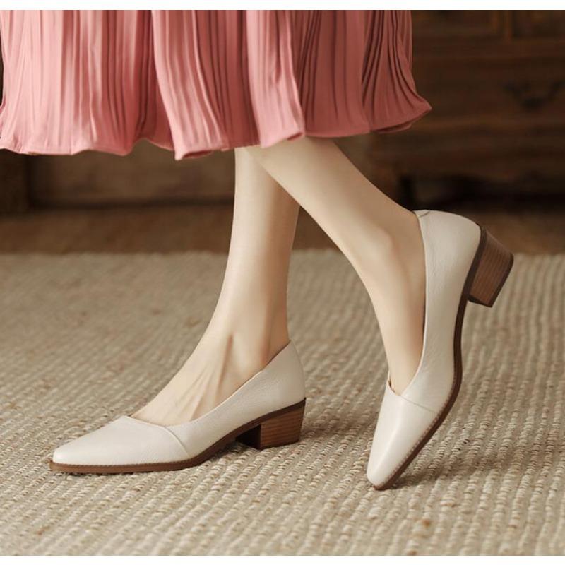Fashion Women's Pumps Pointed Toe Shallow Mouth Leather Shoes Women's Elegant Fashion Solid Thick Middle Heels Dress Shoes for Women