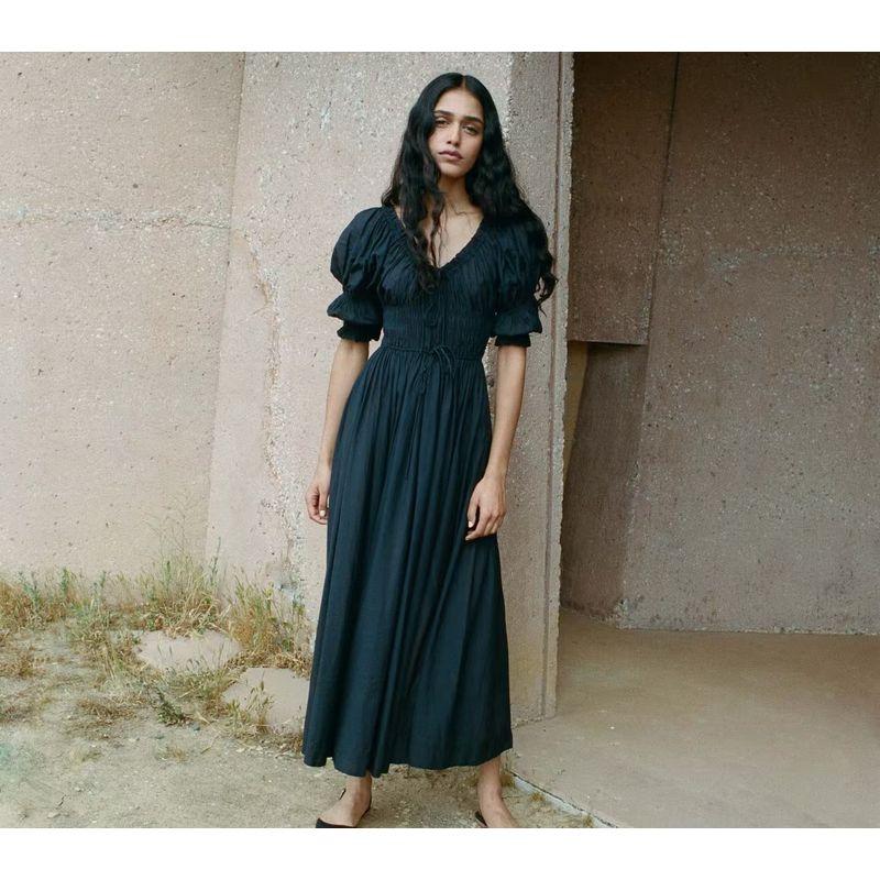 

Doen French Style Retro Frill Double Section Long Dress Double section puff sleeve black L