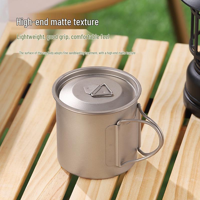Pure Titanium Travel Mug with Lid and Folding Handle - Perfect for Coffee, Tea, or Water on Camping Trips