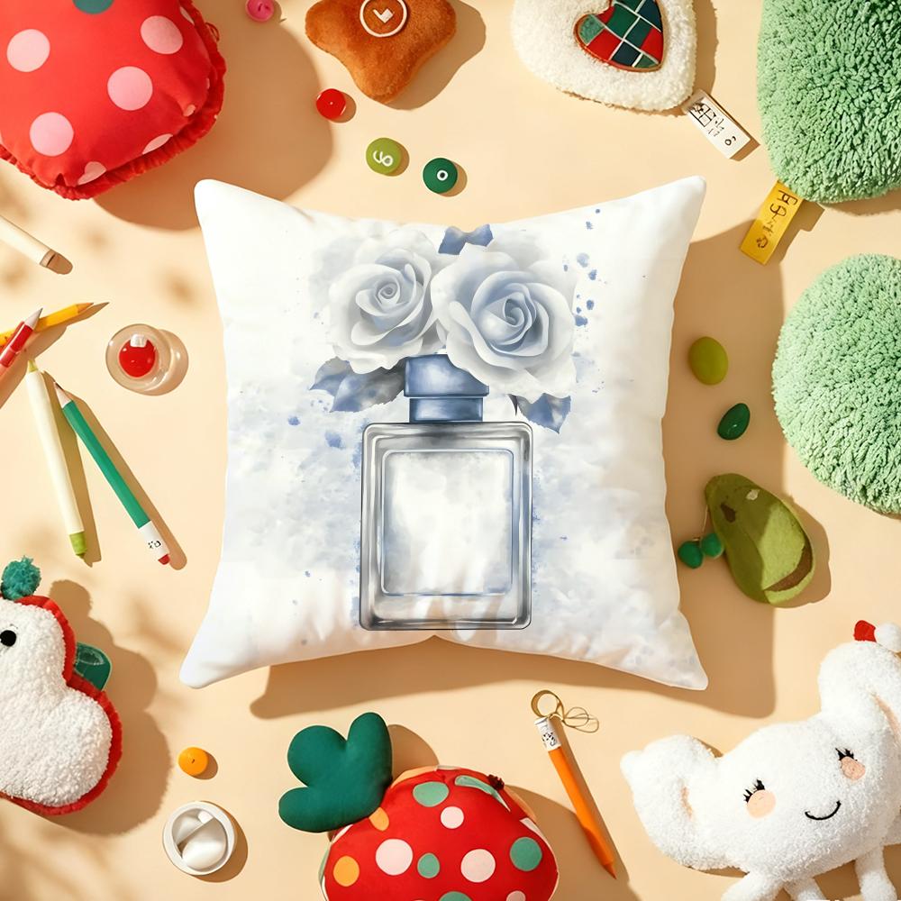 Flower Perfume Bottle Pillow Case Plush Fabric Soft Double-Sided Printed Sofa Warm Winter Home Gift Cushion Cover