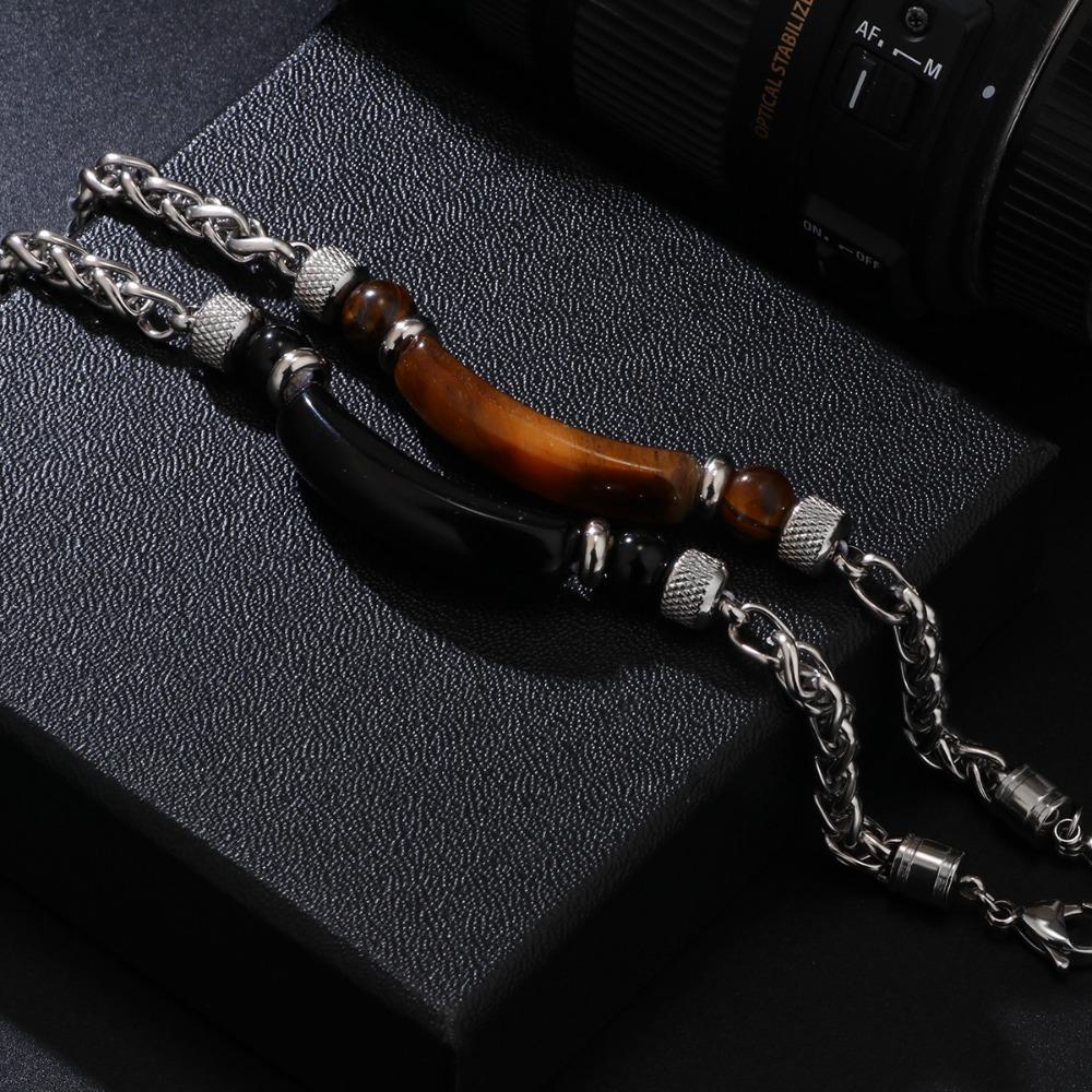 Stainless Steel Cuban Chain Bracelet Men Adjustable Unfading Tiger Eyes Obsidian Stone Bracelets Accessories Gifts