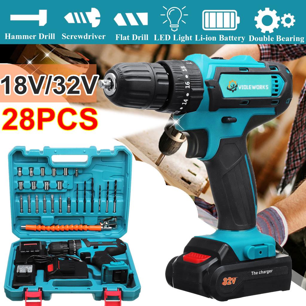 Buy 32V/18V Professional LED Cordless Electric Impact Hammer Drill