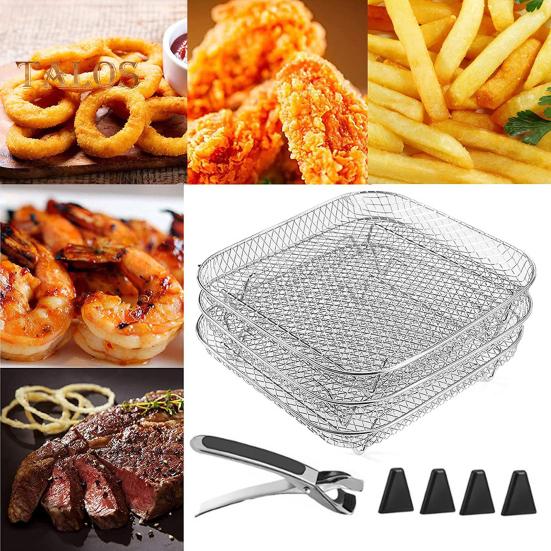 3-Layer Square Round Rectangle Air Fryer Rack Set Stainless Steel Dehydrator Rack with 4 Silicone Feet Anti-Scald Clip Stackable Air Fryer
