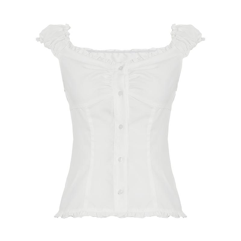 

Женская футболка с V-образным вырезом, пуговицами, милая и симпатичная, с французскими деревянными ушками, рукавами-буфами S белый