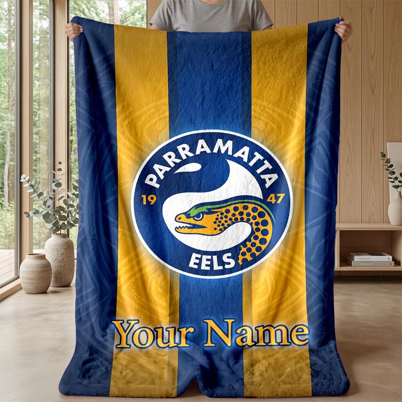 Parramatta Eels Custom Flannel Throw Blanket Print Your Name Text Soft Warm Blanket Holiday Present