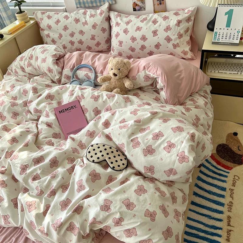 Cartoon Pattern Printed Super Soft Bedding Sets Washed Cotton Cozy Breathable Bedsheet with Pillowcase Adult Child Comfort Set