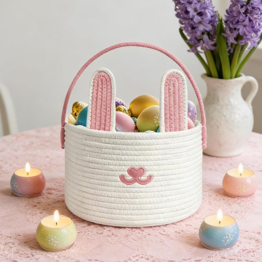 Bunny Easter Basket Bags Cotton Rope Egg Hunt Container Easter Bunny Baskets With Handle For Toys Snacks Party Holiday Birthday