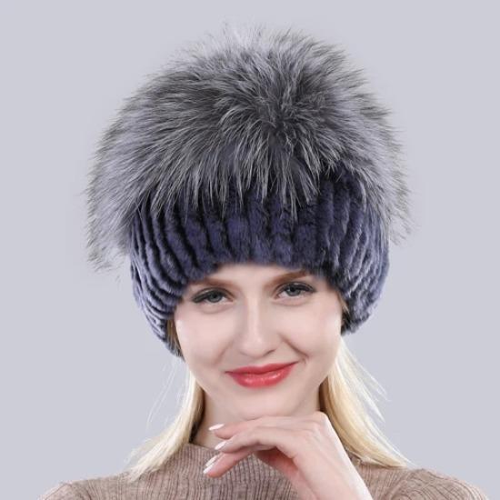 New Outdoor Good Elastic Natural Rex Rabbit Fur Hat Women Winter Knitted Real Sliver Fox Fur Cap Lady Real Fur Hats