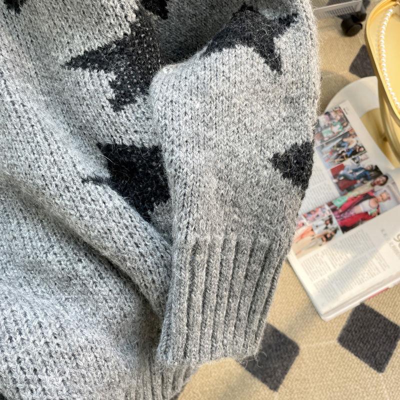 Letter Star Jacquard Women's Sweater Half Zip Knit Pullover Solid Color Sweaters Autumn Fashion Woman Loose Casual Outwear Top