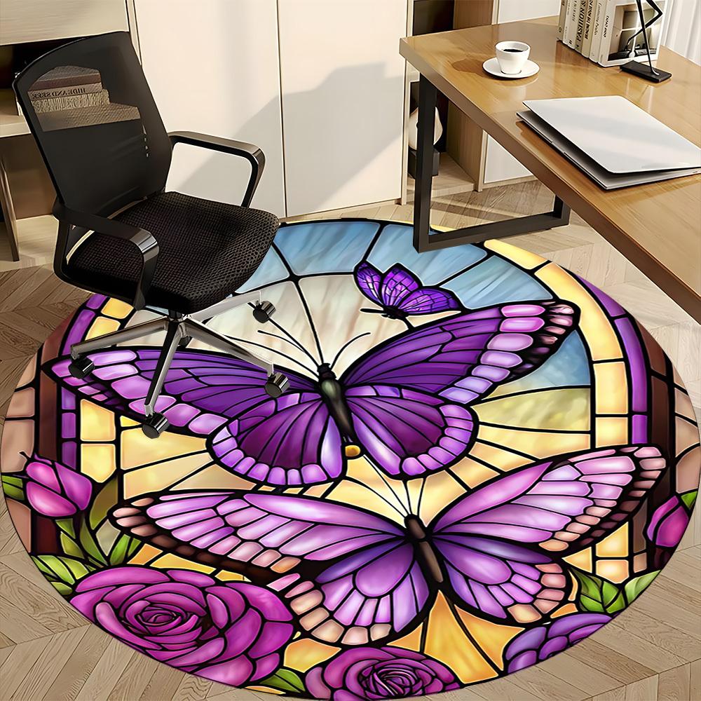 1pc Butterfly StainedGlass Office Round Area Rug, Under Office Chairs Bedroom Living Room Home Decor, Room Deco