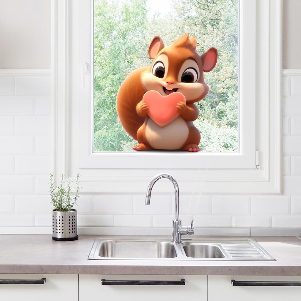 Cute Cartoon Squirrel Static Cling Window Stickers No Glue for Living Room Bedroom Home Decor Removable Reusable