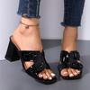 Fashion Summer High Heel Pu Leather Women's Slippers Thick Heel Sandals Casual Sequined Large Size Open Toe Women's Shoes Slippers