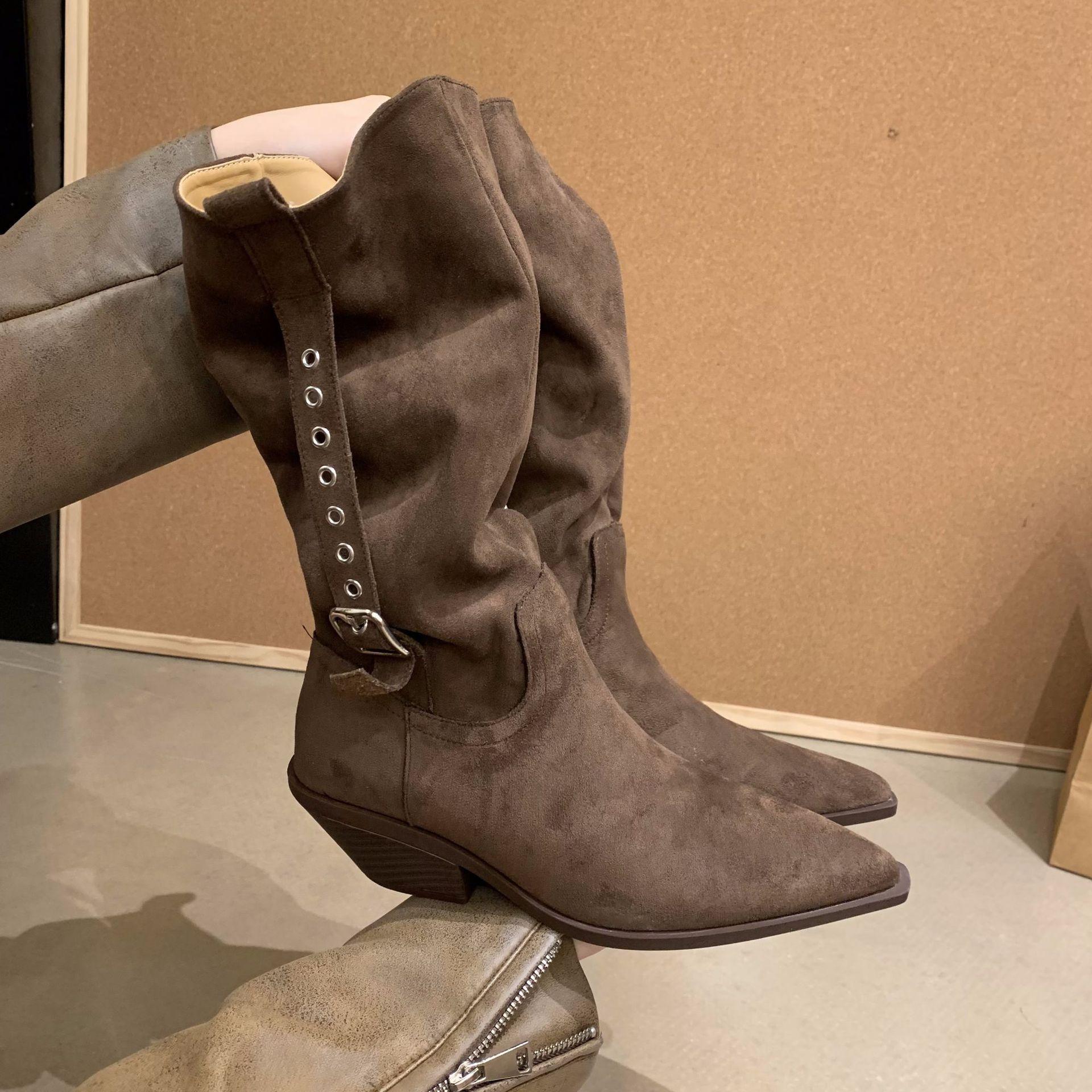 

Large Size Women s Shoes 41 to 42 Fat mm Thick Legs Brown Boots Autumn Western Cowboy Boots Maillard Pile Short Boots Women 42