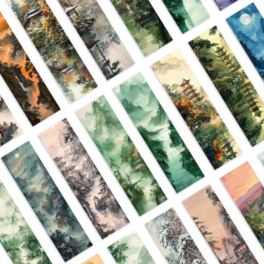 32 Stück, Lesezeichen mit Tuschelandschaft, geeignet für die Schulanfangszeit, Weihnachten, Halloween, Lehrer, Leser und Geburtstage.