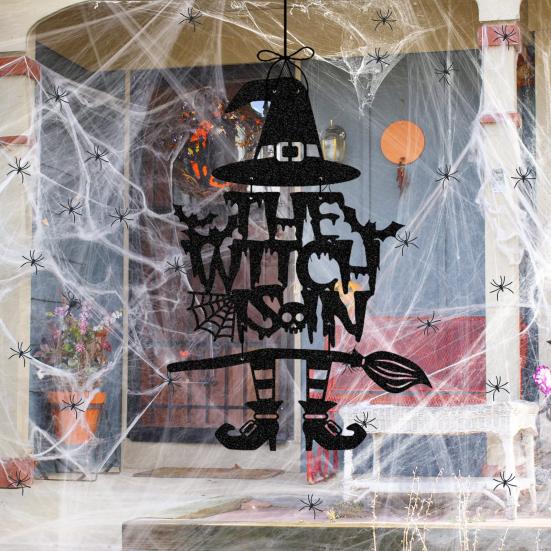 Halloween Witch Door Sign Spooky Witch Leg Hat Broomstick Front Door Hanging Decor Farmhouse Witch Welcome Sign for Home Wall Indoor Outdoor Decor