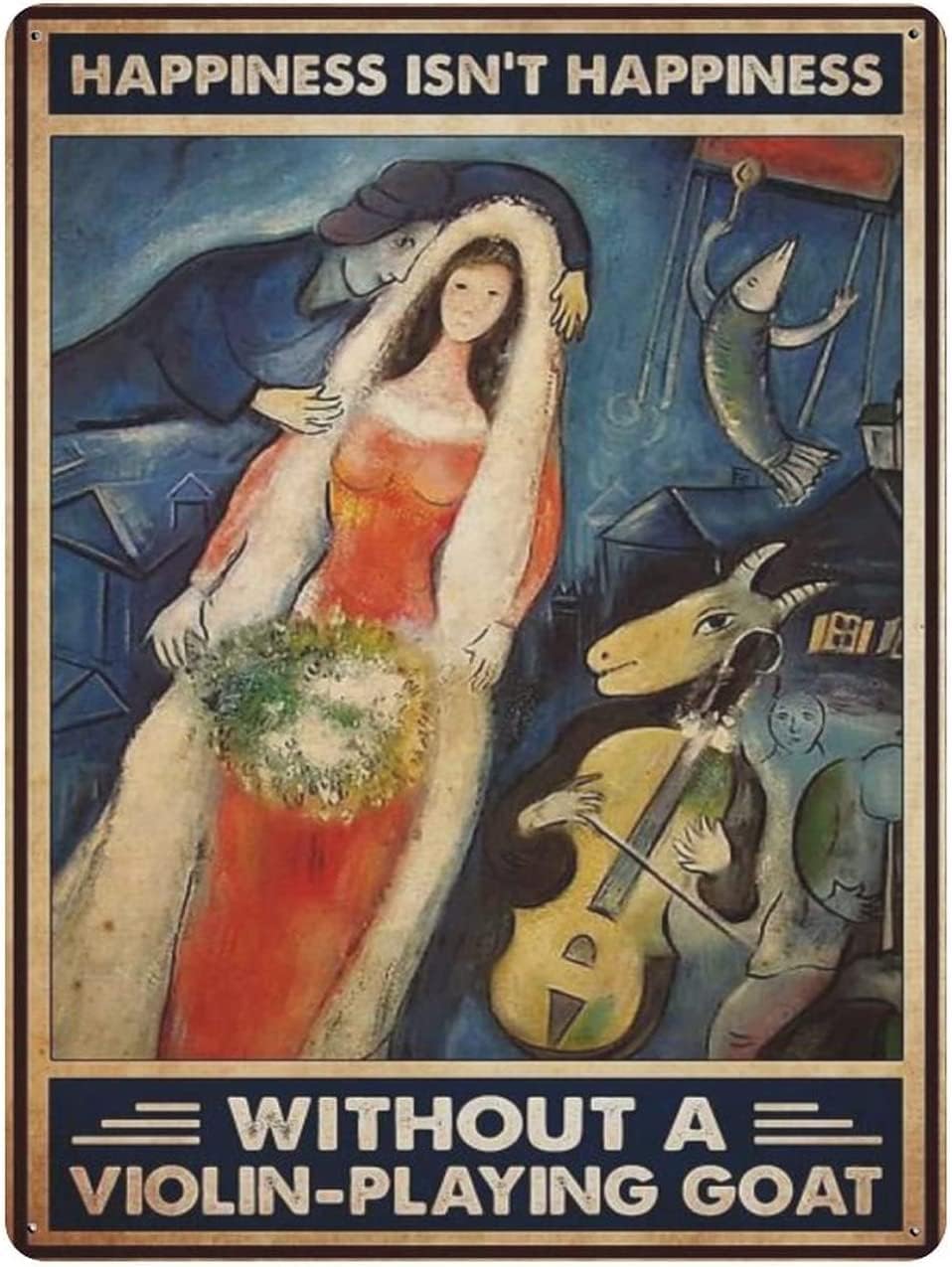 

Vintage Tin Sign Metal Plaque Happiness Isnt Happiness Without A Violin Playing Goat Metal Sign Iron Painting Retro Wall Deco 20x30cm（7.8x11.8inch）