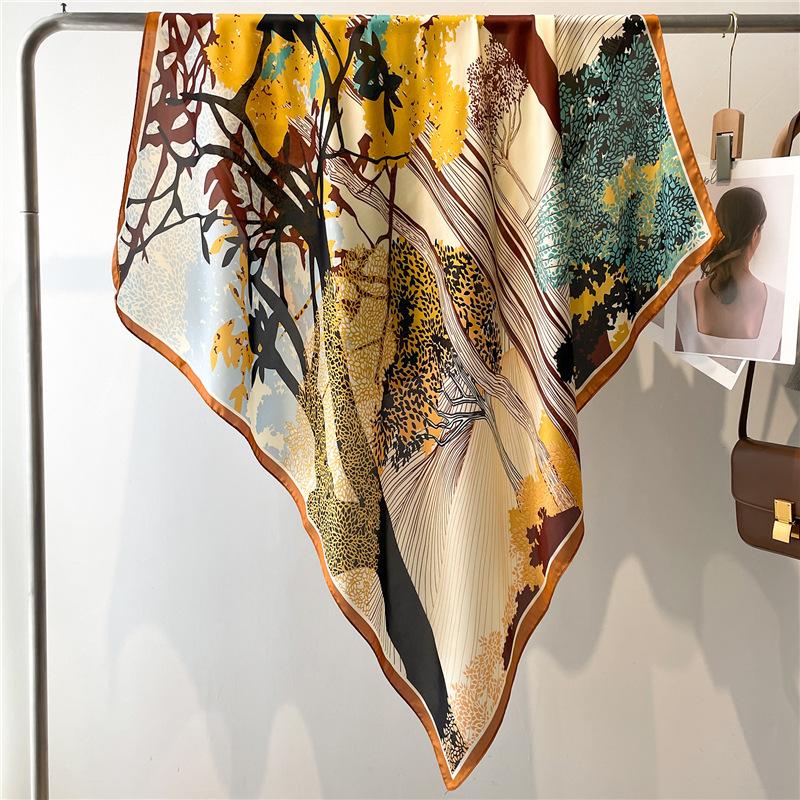 Stylish and Simple Printing 111cm Beautiful Brocade Scarf Shawl Sunscreen Headscarf Square Scarf Summer Silk Scarf Large Size Temperament