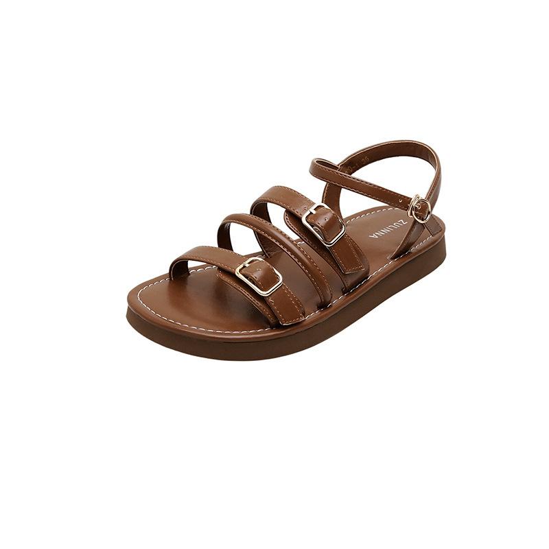 Leather Roman sandals women's summer new brown flat-bottomed versatile beach shoes cool slippers women