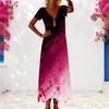 Women Plus Size Abstract Printed Red Black V Neck Short Sleeve Long Dress