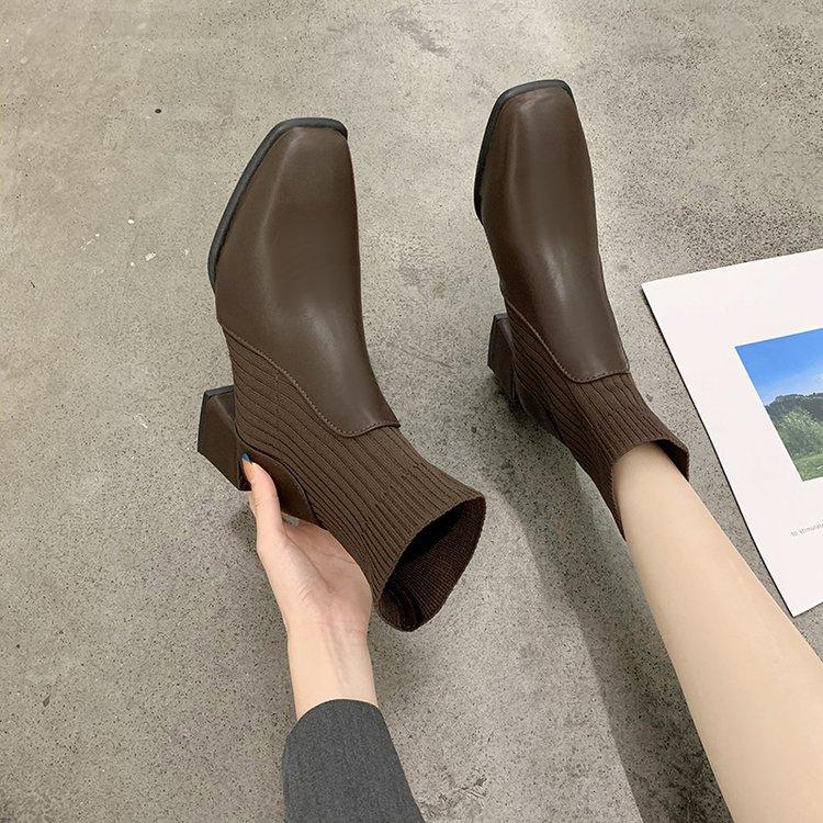 Fashion New Autumn Winter Style Thick Medium Heel Square Toe Short Boots for Women Knitted Simple Comfortable Daily  Women's Shoes