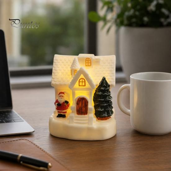 Santa Claus Relief Statue LED Lighted Christmas Village House Statue, Light Up Small Figurines with Miniature Xmas Tree Claus, Collectible Tabletop