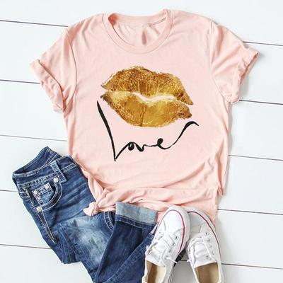 (Asian Size)Women Print Tee Top Lip Love Letter Style Trend Cute Short Sleeve Fashion T Shirt Clothing Casual Lady Female Graphic T-shirt