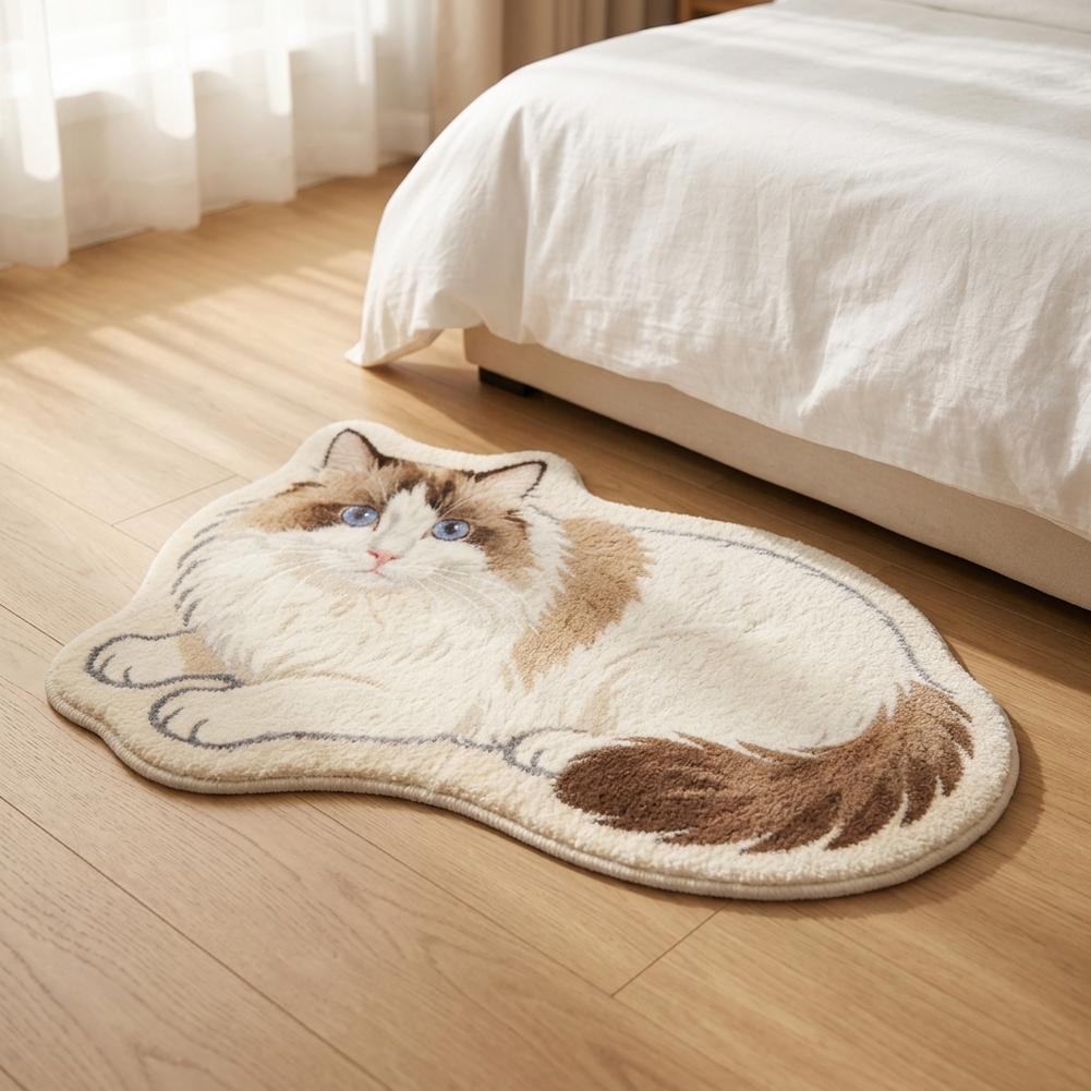 Cute Cat Shaped Irregular Rug, Soft Plush Polyester Floor Mat, Non Slip Decorative Bedroom Bedside Carpet for Cat Lovers Home