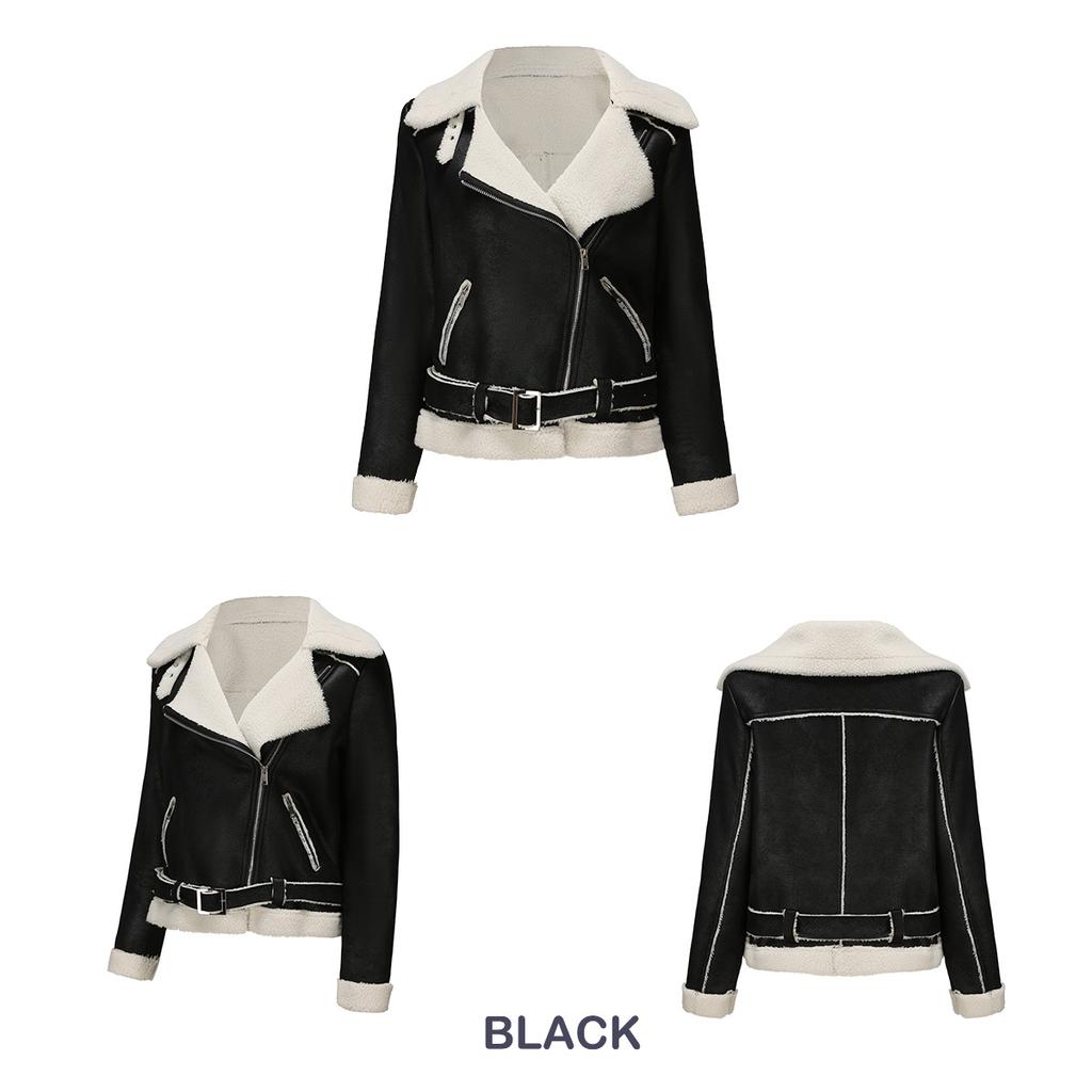 Fur and Fur Integrated Winter Jacket for Women Warm Suede Jacket European and American Leather Jacket with Waist Belt and Lapel Jacket for Women