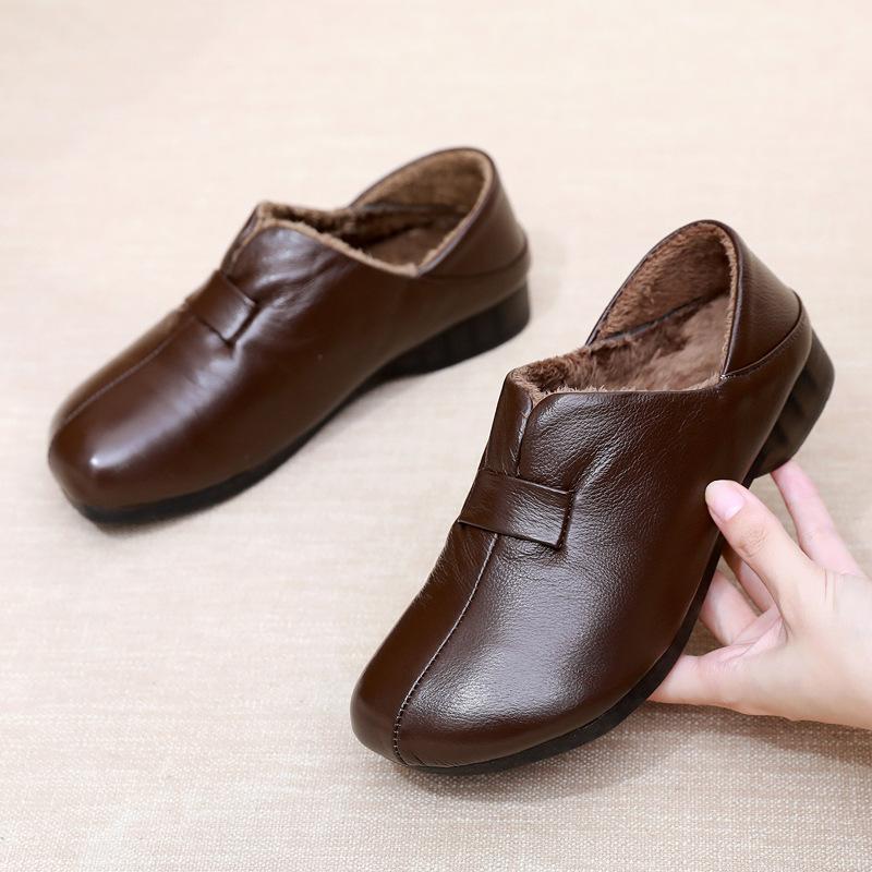 Genuine Leather Women Shoes Low Heel Warm Fur Mom's Shoes Soft Bottom Loafers Comfy Flats Ladies Casual Shoes